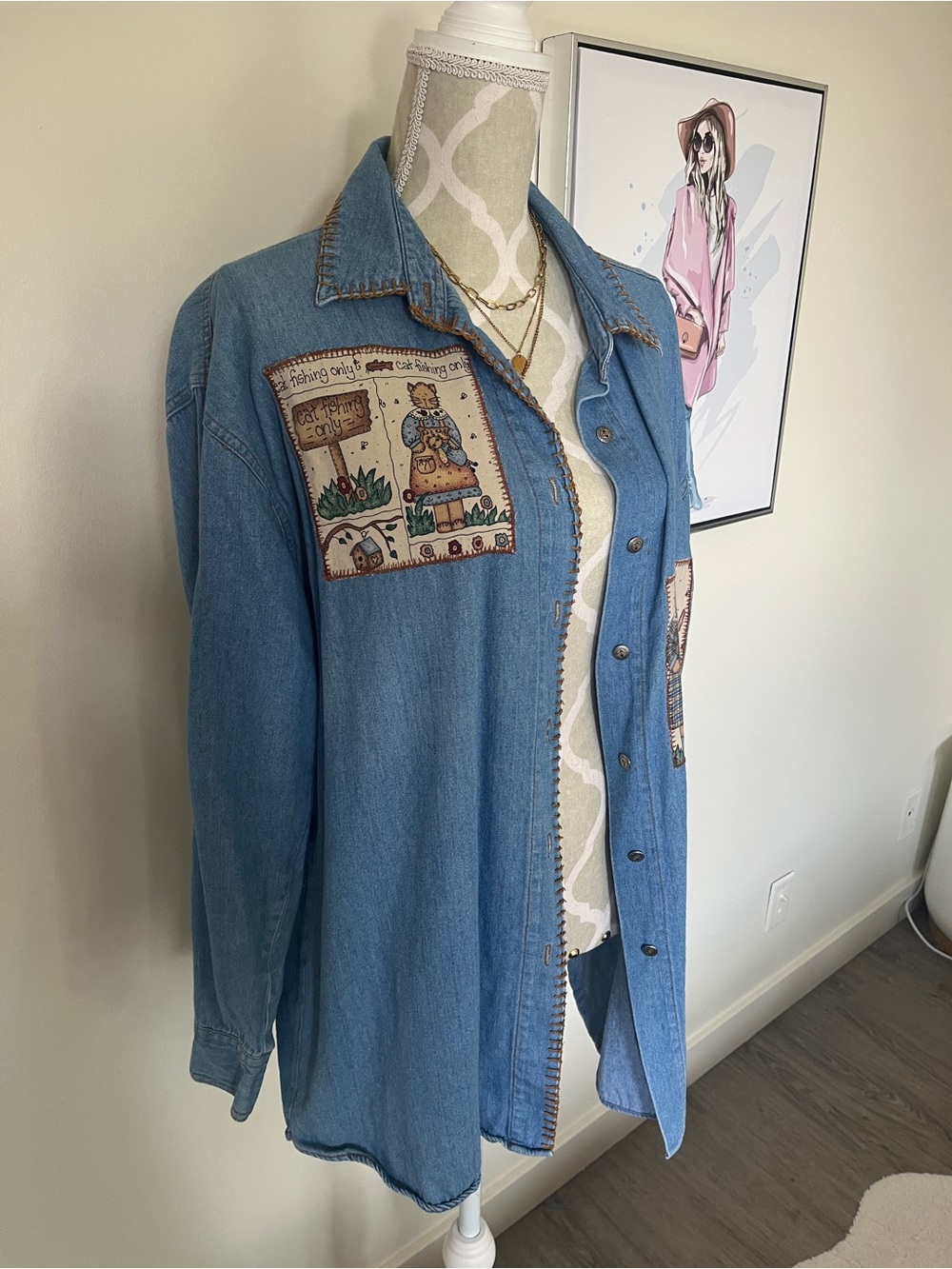 Denim Button-Up Shirt with Patchwork Accents - Light Blue